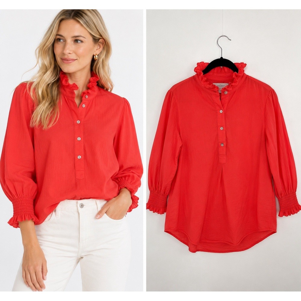 Tuckernuck Teagan Popover Blouse M Poppy Red Ruffle Neck Smocked Cotton
